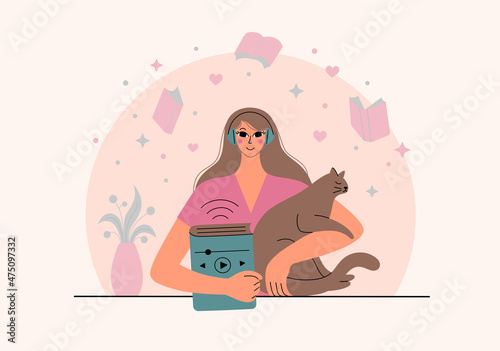 Beautiful young woman illustration holding a cat.