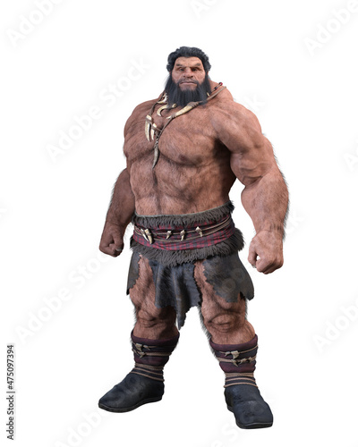 Isolated 3D rendering of a large fantasy giant man with beard standing in a loincloth and boots.
