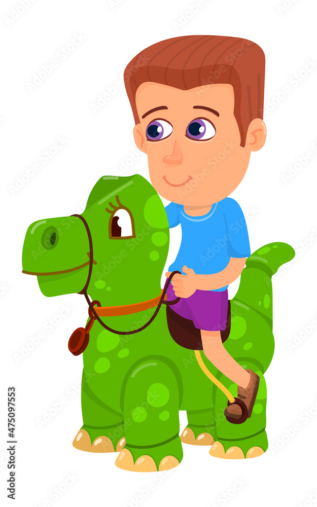 Boy riding dinosaur. Kid playing with green dino Boy riding dinosaur. Kid playing with green dino