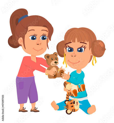 Kids sharing toys, playing together. Good child behavior.