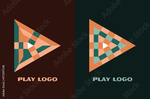 Logo for video. Two beautiful flat logo set of triangular play button in 3 fold rotational symmetry checkered pattern, with ‘Play Logo’ text below for personal and company branding. EPS10.