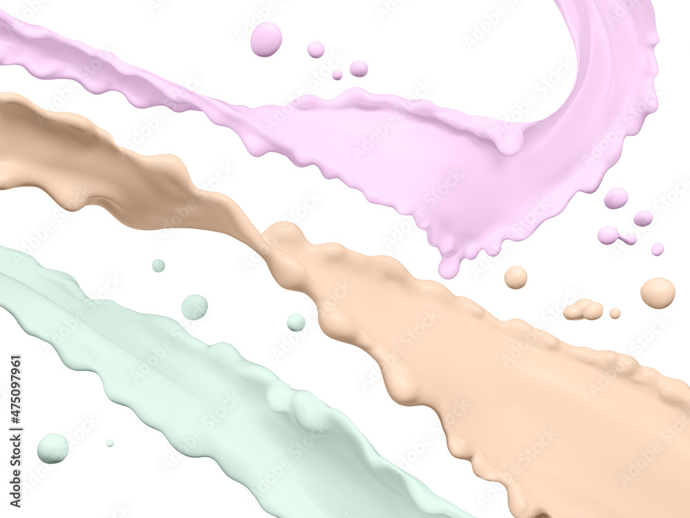 Colored splashes of paint isolated on white, peach, beige, mint, purple bed colors, paint flowing, or dairy product milkshake 3d rendering