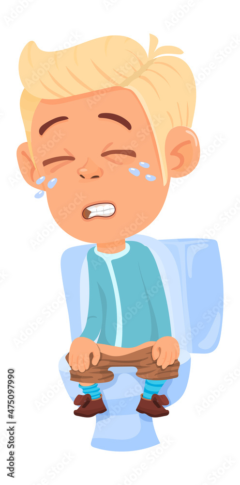 Kid stomach pain. Boy sitting on toilet. Crying cartoon character Kid stomach pain. Boy sitting on toilet. Crying cartoon character