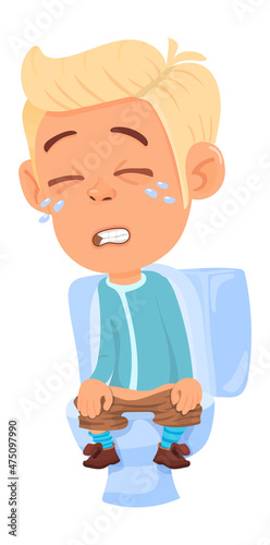 Kid stomach pain. Boy sitting on toilet. Crying cartoon character