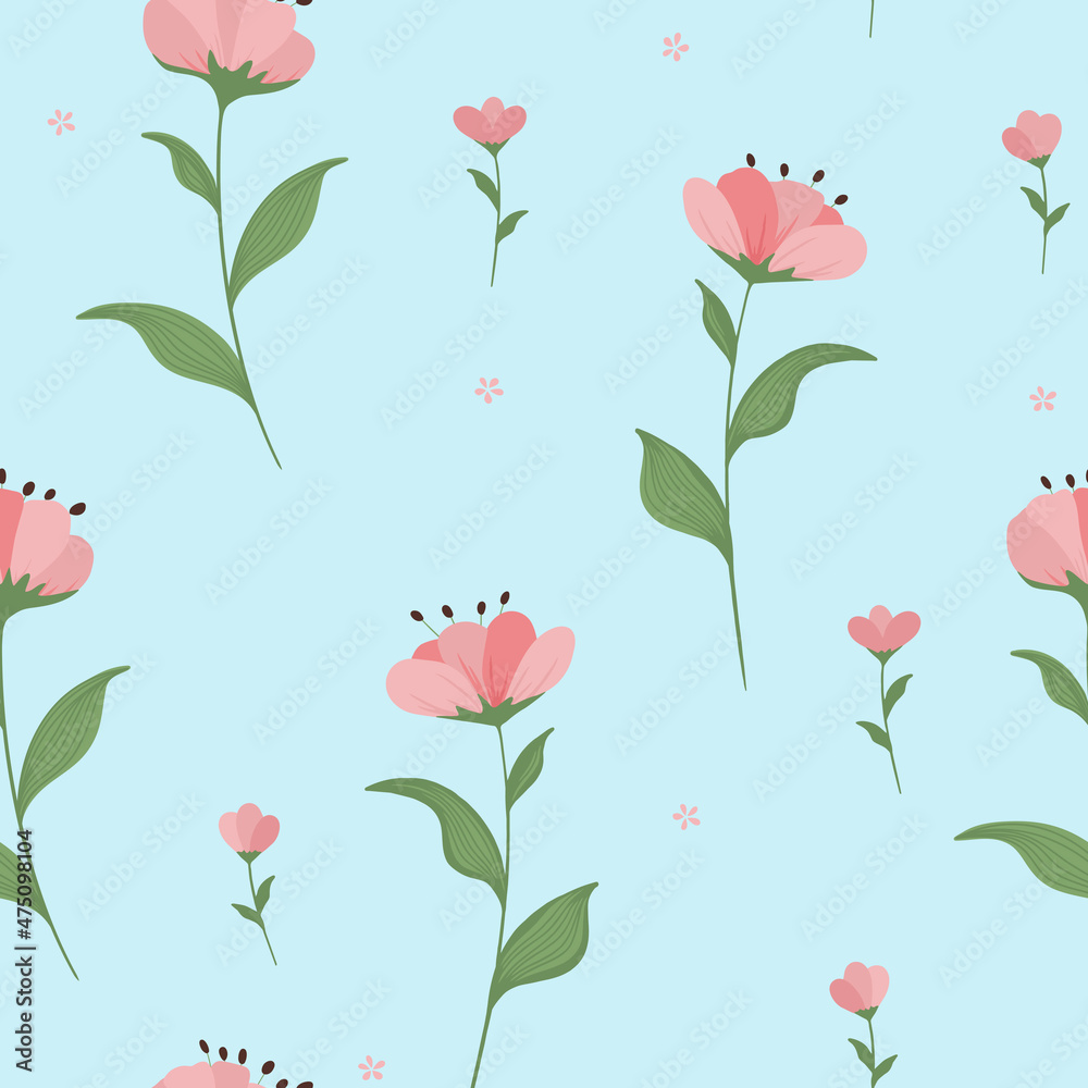 Pink delicate flowers on a blue background. Seamless summer pattern.