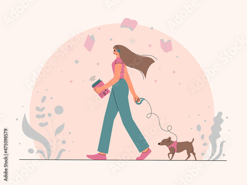 Beautiful woman illustration walking with a dog. 