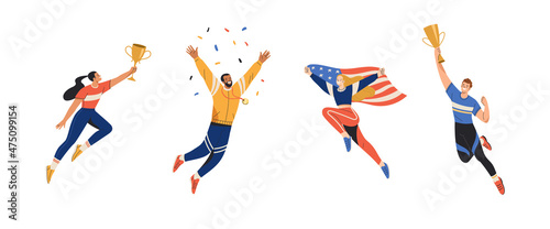 Collection of winning athletes. Vector cartoon illustration of four different men and women in sportswear with gold cups, medals and flag celebrating a victory. Isolated on white