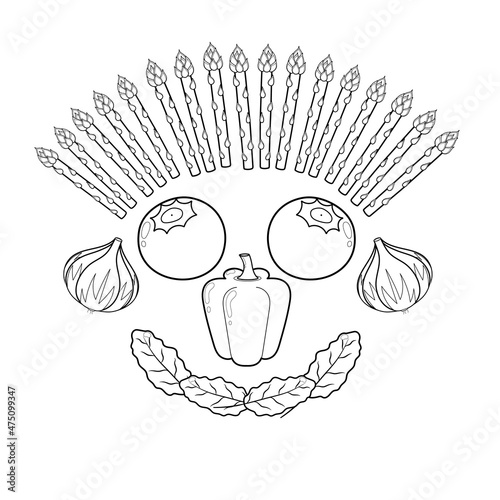 Black and white fruit and vegetable face. Funny healthy coloring page head with blueberries instead of eyes, chard leaves instead of mouth, pepper instead of nose. Vector illustration