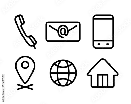 Business contact icon set, simple black line design on white background.