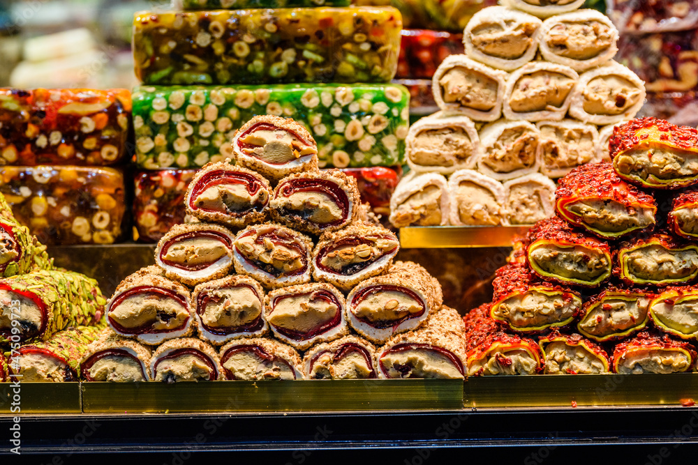 Turkish delight and different sweets for sale at the bazaar in Turkey