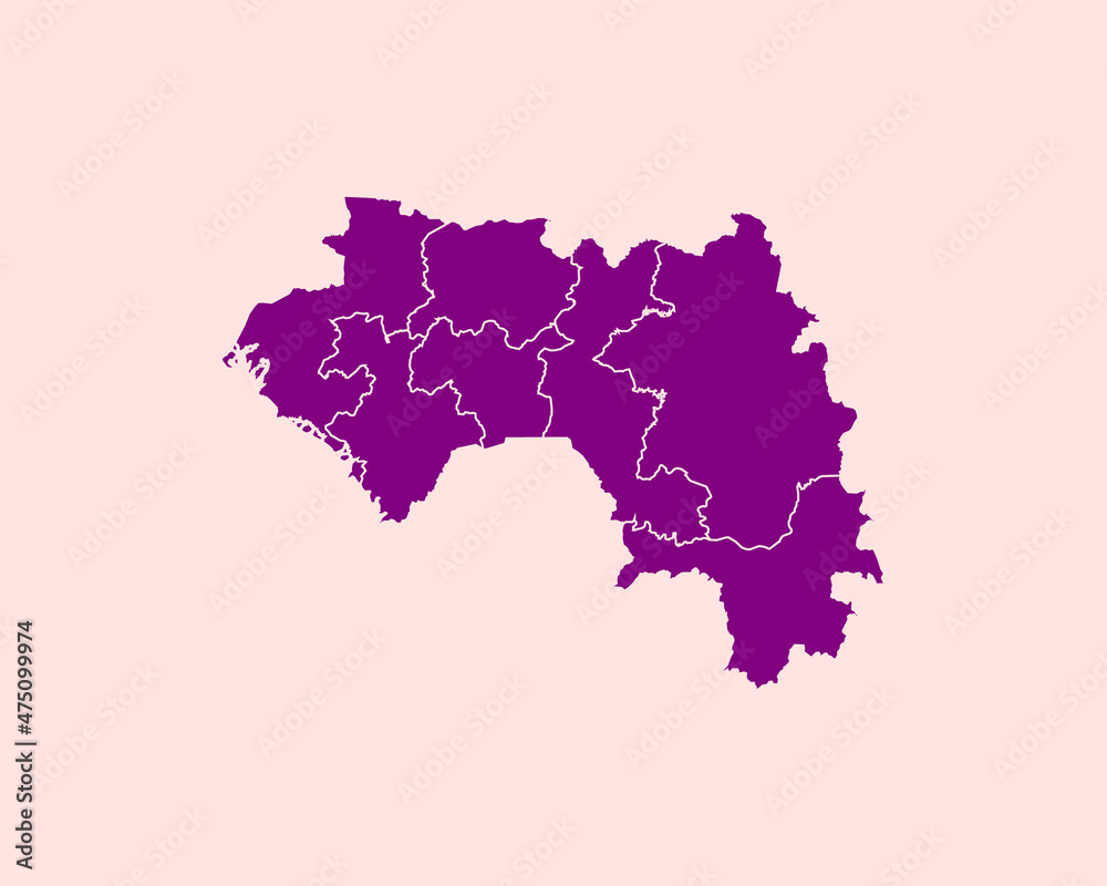 Modern Velvet Violet Color High Detailed Border Map Of Guinea, Isolated on Pink Background Vector Illustration