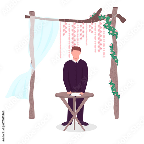 Priest at outdoor wedding gate semi flat color vector character. Posing figure. Full body person on white. Cleric isolated modern cartoon style illustration for graphic design and animation