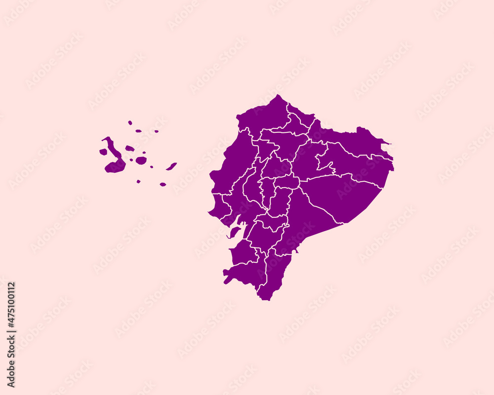Modern Velvet Violet Color High Detailed Border Map Of Ecuador, Isolated on Pink Background Vector Illustration
