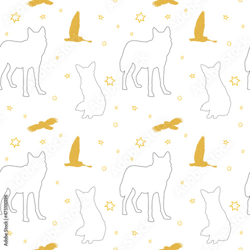 Fototapeta Naklejka Na Ścianę i Meble -  Kids seamless abstract pattern with hand drawn watercolor stars, golden owl, fox, wolf animals. Stock illustration.