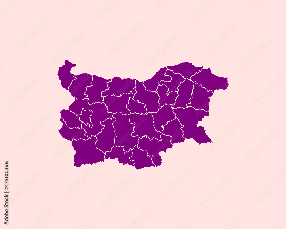 Modern Velvet Violet Color High Detailed Border Map Of Bulgaria, Isolated on Pink Background Vector Illustration