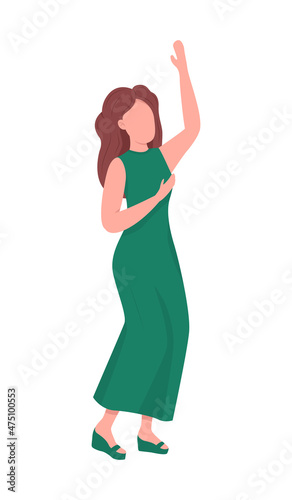 Woman in green formal dress semi flat color vector character. Dynamic figure. Full body person on white. Party isolated modern cartoon style illustration for graphic design and animation