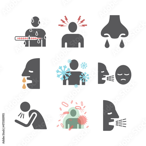 Upper respiratory tract infections URI or URTI. Symptoms, Treatment. Line icons set. Vector signs for web graphics.