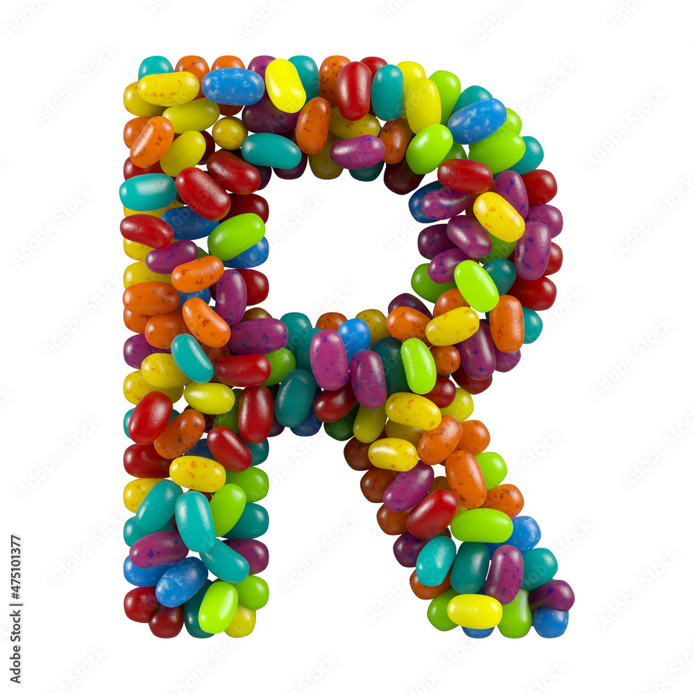 Alphabet letter r made of jelly beans candy isolated on white