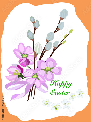 Greeting Easter card tree branches, pussy willow, seals-mouths, spring flower bouquet.