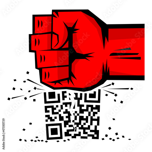 No QR-code poster. Powerful fist breaks QR code. Vector on transparent background