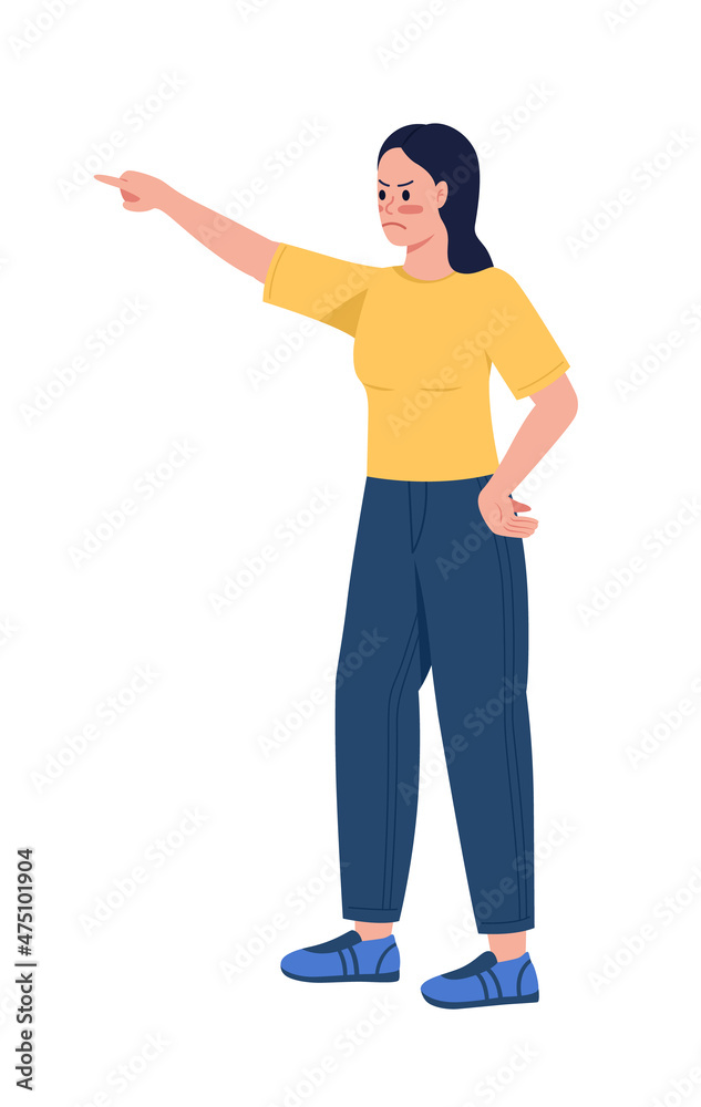 Displeased mom pointing with finger semi flat color vector character. Posing figure. Full body person on white. Motherhood isolated modern cartoon style illustration for graphic design and animation