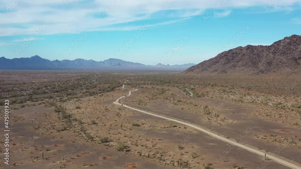 An aerial shot of the desert southeast of Quartzite, Arizona, just outside of the Kofa National Wildlife Refuge. The camera slowly pans to the left. An aerial shot of the desert southeast of Quartzite, Arizona, just outside of the Kofa National Wildlife Refuge. The camera slowly pans to the left.