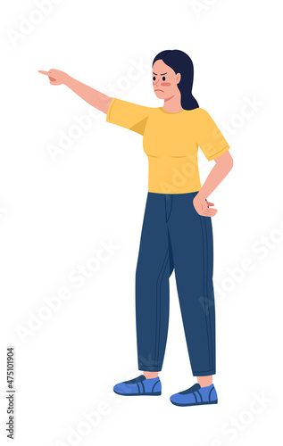 Displeased mom pointing with finger semi flat color vector character. Posing figure. Full body person on white. Motherhood isolated modern cartoon style illustration for graphic design and animation