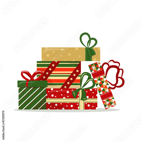 Big pile of gift boxes in festive wrapping paper with ribbon and bows. Different presents for Christmas holiday. Flat vector illustration isolated on white