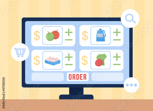 Choose groceries online flat color vector illustration. E commerce and retail. Desktop display with online shop. Supermarket website on 2D cartoon computer monitor with abstract background