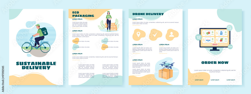 Sustainable delivery flat vector brochure template. Eco package. Flyer, booklet printable design with flat illustrations. Magazine page, reports with text space. Sniglet, Comfortaa fonts used