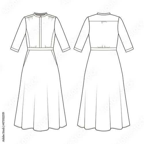 Fashion technical drawing of midi dress with stand collar and flared skirt