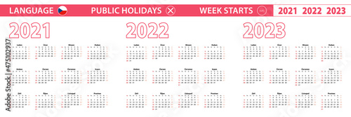 2021, 2022, 2023 year vector calendar in Czech language, week starts on Sunday.
