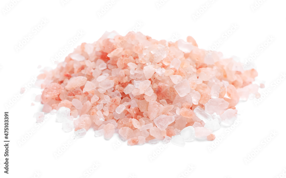 Heap of pink Himalayan salt on white background Heap of pink Himalayan salt on white background