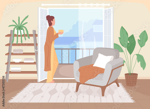Coffee break at home flat color vector illustration. Drinkig warm tea in living room. Hygge lifestyle. Woman looking out of the window 2D cartoon character with interior on background