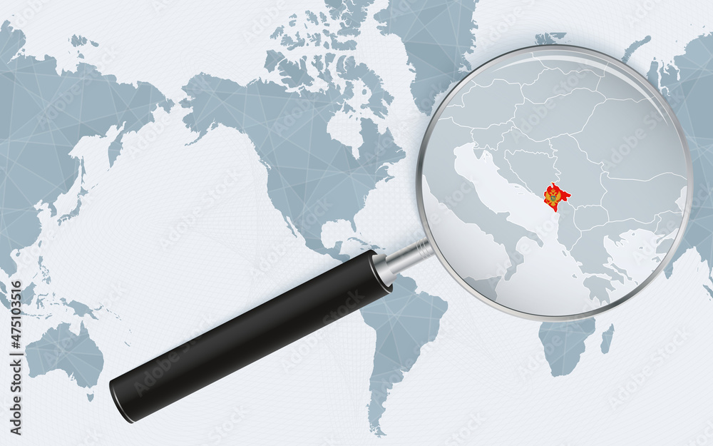 Enlarged map of Montenegro on America centered World Map. Magnified map and flag of Montenegro. Enlarged map of Montenegro on America centered World Map. Magnified map and flag of Montenegro.