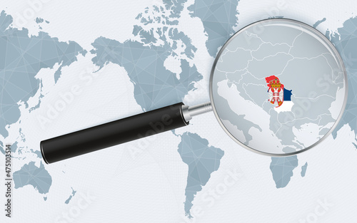 Enlarged map of Serbia on America centered World Map. Magnified map and flag of Serbia.