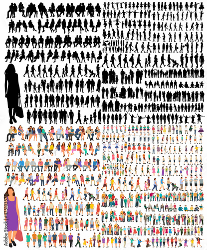 silhouette set people sit, men and women, walk stand in flat style