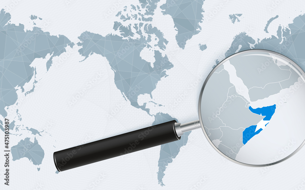 Enlarged map of Somalia on America centered World Map. Magnified map and flag of Somalia. Enlarged map of Somalia on America centered World Map. Magnified map and flag of Somalia.