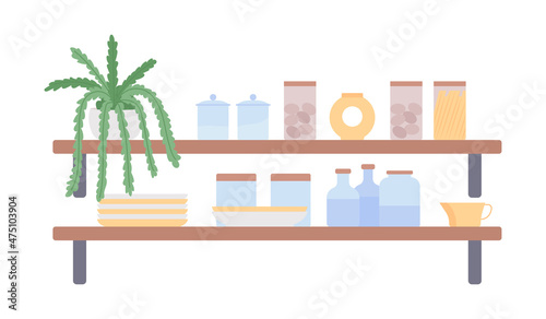 Shelf with cosmetic stuff semi flat color vector item. Realistic object on white. Skincare containers and houseplant isolated modern cartoon style illustration for graphic design and animation