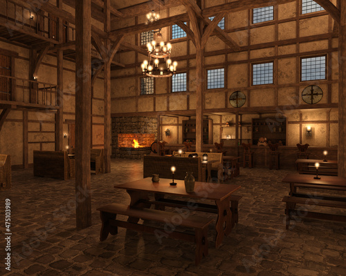 3d render of an ancient spacy medieval tavern