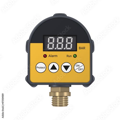 Realistic digital pressure switch with brass fitting isolated on white background. Pressure measurement and control device. Vector illustration.