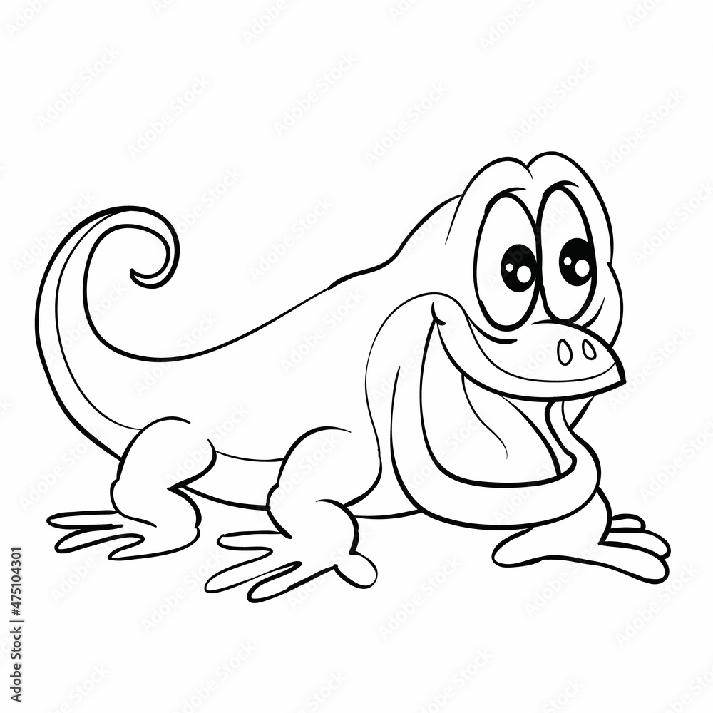 Obraz premium sketch, funny character lizard with big eyes, coloring book, cartoon illustration, isolated object on white background, vector,