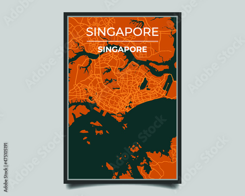 Singapore city. Map of largest city in the world vector for wall decoration, banner, background, texture. Modern deep blue and orange color. Vector graphic eps 10