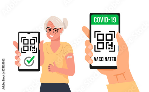 Old woman vaccinated showing arm with patch and smartphone with qr code passport. Digital health certificate