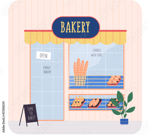 Bakery shop building facade, awning with signboard. Baking store, bread, pastry and dessert shop. Showcases with tent, various bread and cakes products. small family business in field of food