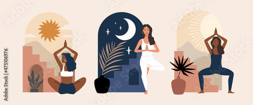 Interior with arch and woman in yoga pose vector. Meditation and relax theme