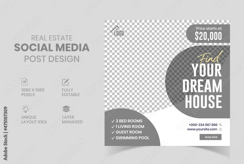 Real estate social media template design, real estate business, real estate vector ad banner, square social media file with attractive design Real estate social media template design, real estate business, real estate vector ad banner, square social media file with attractive design