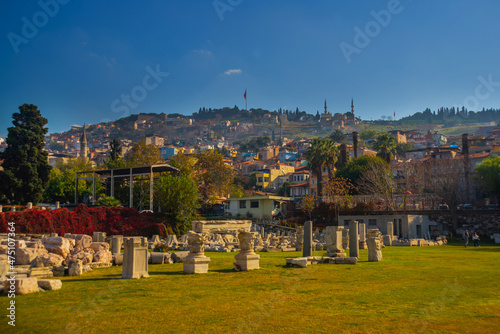 IZMIR, TURKEY: View of the ancient ruins of the Agora and the old town and fortress in Izmir.