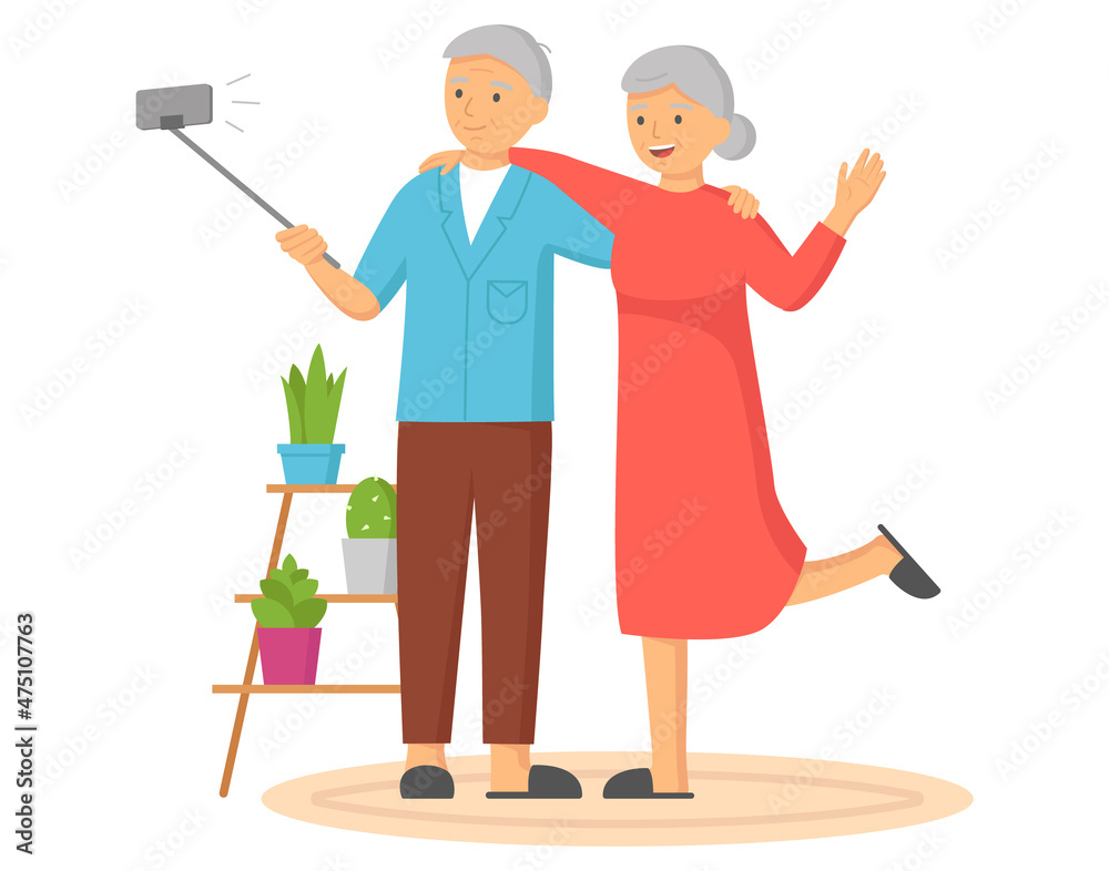 Elderly man and woman take selfie on smartphone on monopod at home. Retired couple posing for photo on phone. Old people use technology, gadget for self portrait photo. Seniors deal with technologies Elderly man and woman take selfie on smartphone on monopod at home. Retired couple posing for photo on phone. Old people use technology, gadget for self portrait photo. Seniors deal with technologies