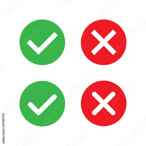 Confirm and deny flat icons. Correct and error signs in circles. White cross mark in red sircle. White checkmark in green circle. Vector logo for web design and infographic isolated on white